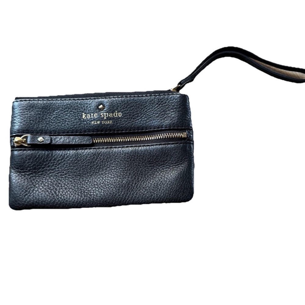 Kate Spade Black Leather Wristlet Pebbled 6.5x4” 2 Zip Compartments
